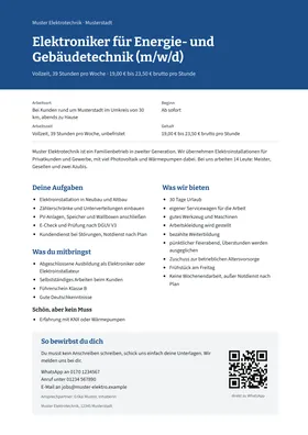 Stellenanzeige für einen Elektroniker für Energie- und Gebäudetechnik mit Gehaltsspanne, Aufgaben, Anforderungen und QR-Code zur Bewerbung