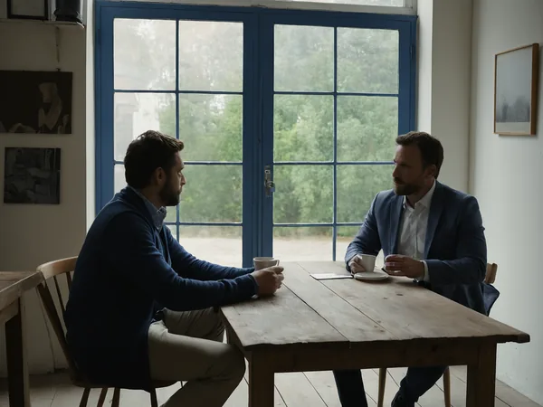 Zwei Männer sitzen sich bei einem Gespräch mit Kaffee an einem Holztisch vor einer Glastür gegenüber.