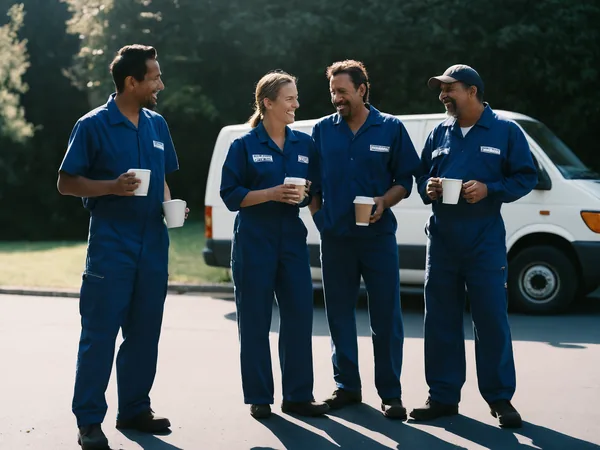 Vier Handwerker in blauen Overalls trinken in der Sonne gemeinsam Kaffee vor einem weißen Transporter.